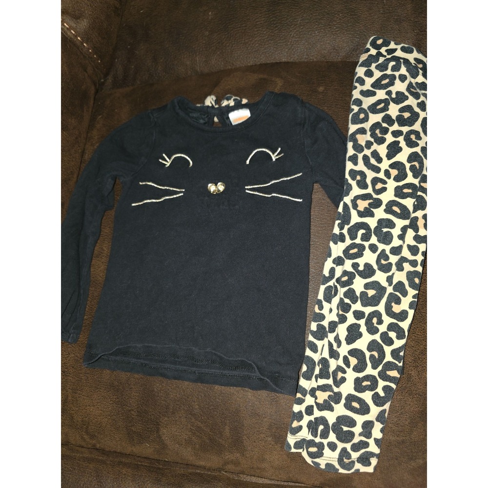 Gymboree city kitty black cat top and leopard print leggings size 3t